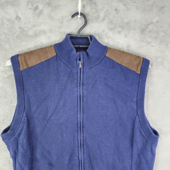 Mens Chaps Blue Knitted Vest Jacket Brown Suede Accents Full Zip Sleeveless XXL - Picture 4 of 10